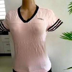 ADIDAS ~Size XL Soft Pink Gray Stripe Sports Fitness Tee~Gym Running T-Shirt ~
